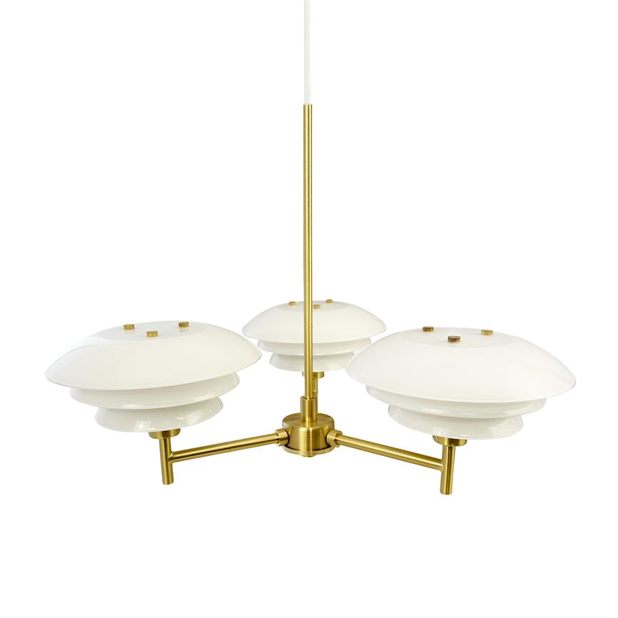 A three-arm ceiling lamp hangs freely from a vertical rod; three white, disc-shaped glass shades sit on a brass-colored metal fixture, against a uniform white background.