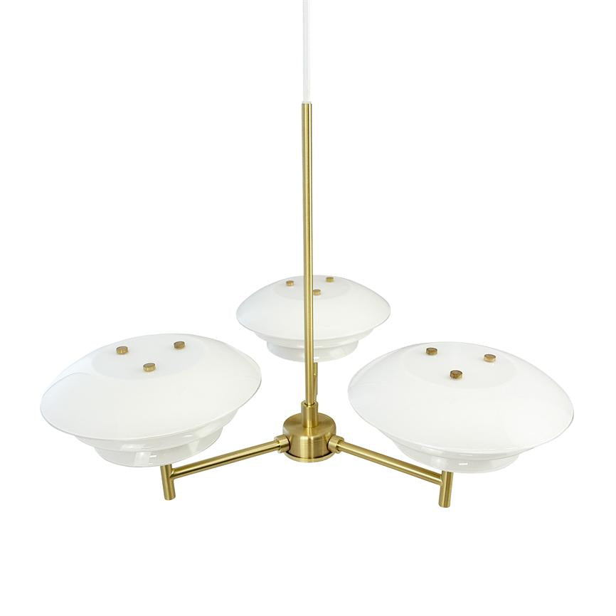 Ceiling lamp with three white, bowl-shaped glass shades hangs from a central brass rod; the screens are mounted on three short arms against a neutral, white background.