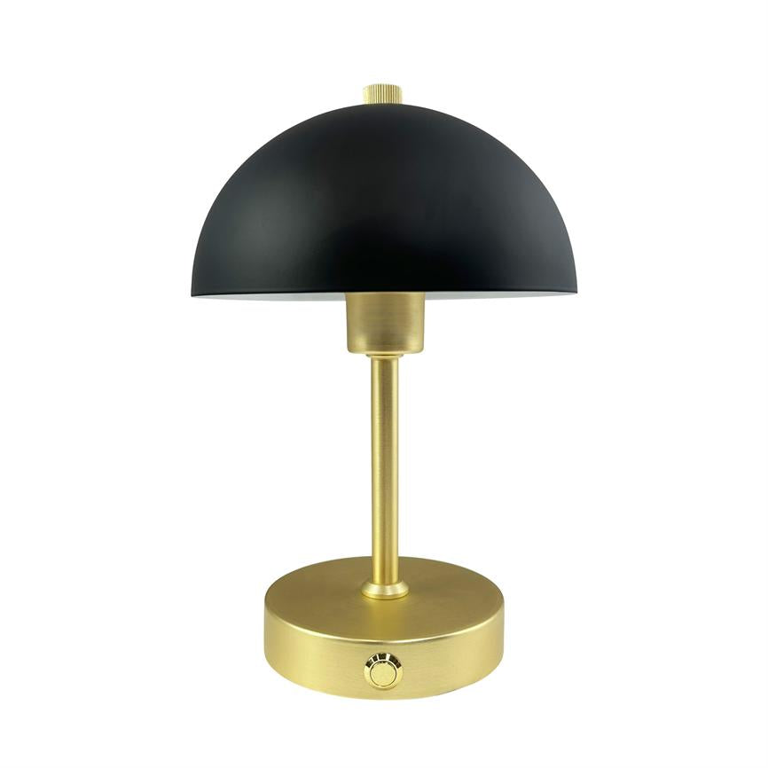 Table lamp with black hemispherical shade and brass colored rod and base; stands centered against a uniform white background, with a small dial on the base.