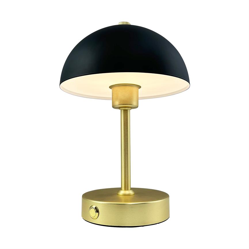 Bordlampe med sort halvkugleskærm, gylden stang og rund base; skærmen kaster blødt, nedadrettet lys, placeret på en neutral hvid baggrund.