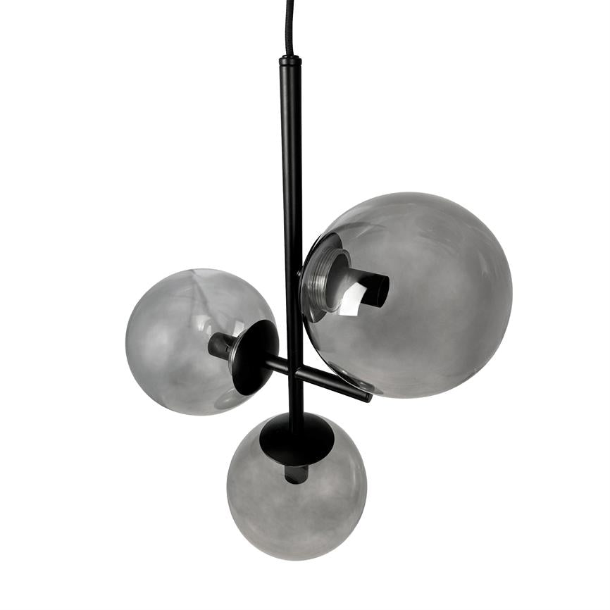 A black wire with a vertical metal rod carries three smoke-colored glass domes; the domes are spherical and asymmetrically arranged around the bar, against a white background.