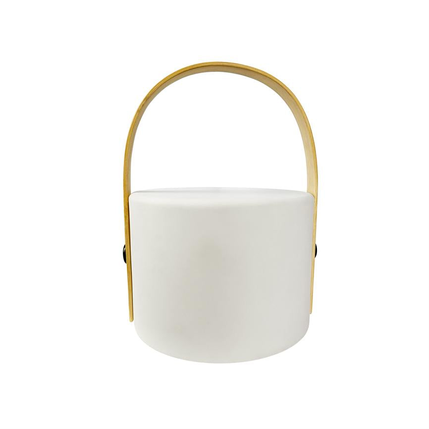 White cylindrical table lamp with a smooth surface, with a curved golden bracket above the top, placed on a plain white background.