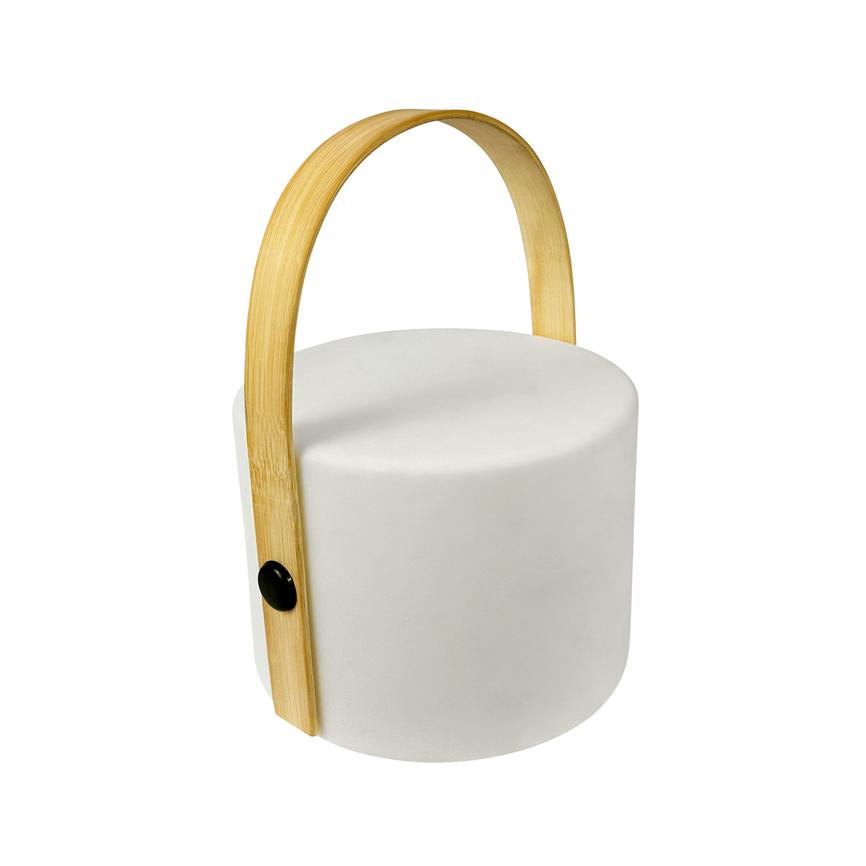 Cylindrical white object has a curved wooden handle, fastened at the sides with black buttons; placed alone against a neutral, plain white background.