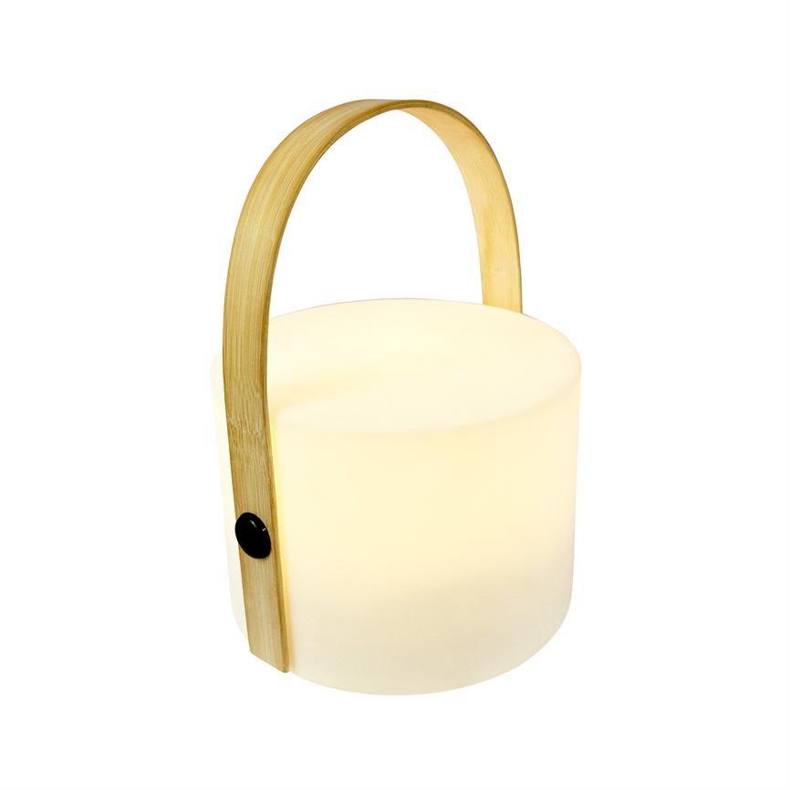 Cylindrical portable lamp with matte white diffuser and curved bamboo handle, emits soft, warm light on a uniform white background.