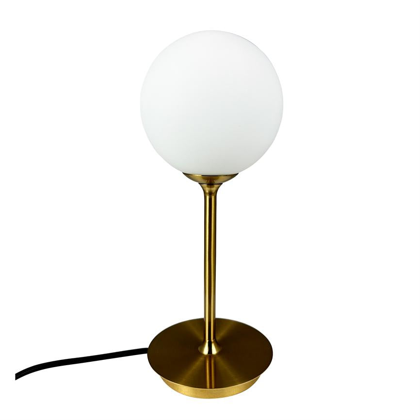 Lamp with white glass ball stands on a slender, brass-colored rod and round base; black wire is at the base; simple modern style on white background.