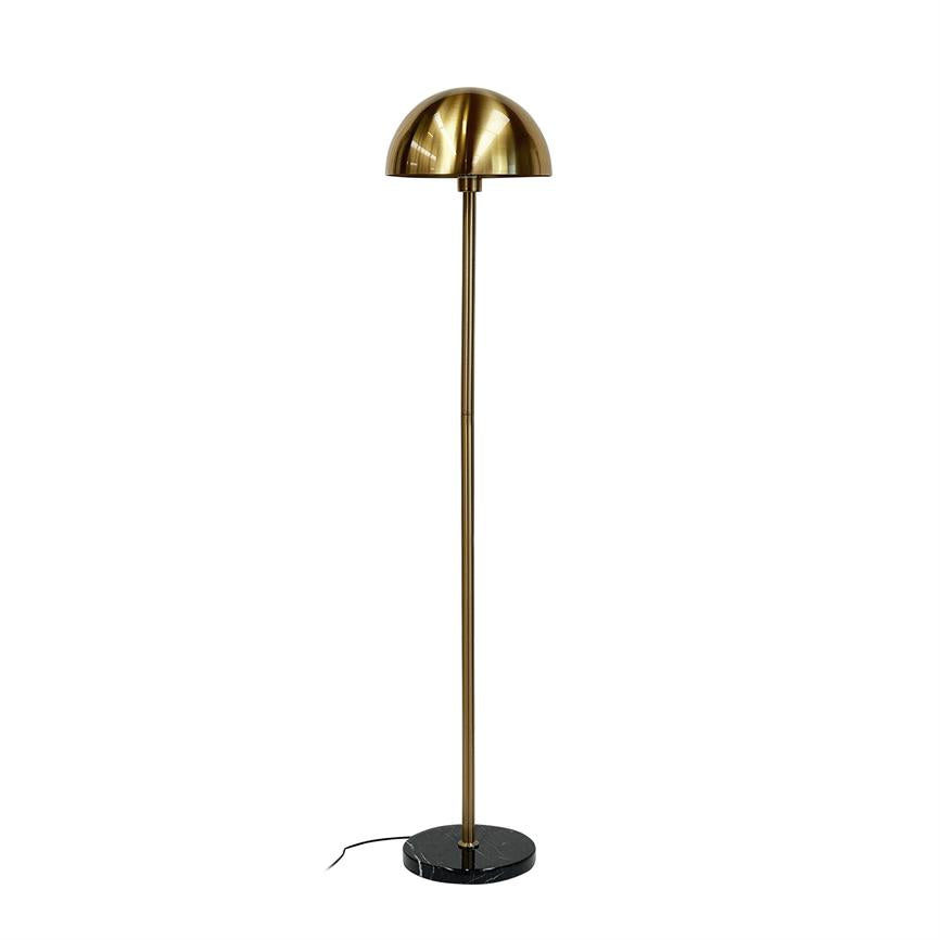 Floor lamp with slim, vertical brass rod and hemispherical brass shade, standing upright and facing downwards on a round black marble base with visible cord against a white background.