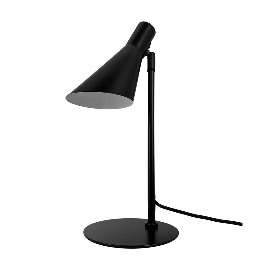 Black desk lamp angled downwards, with conical shade, slim rod and round base; black wire runs out to the right on a white studio background.