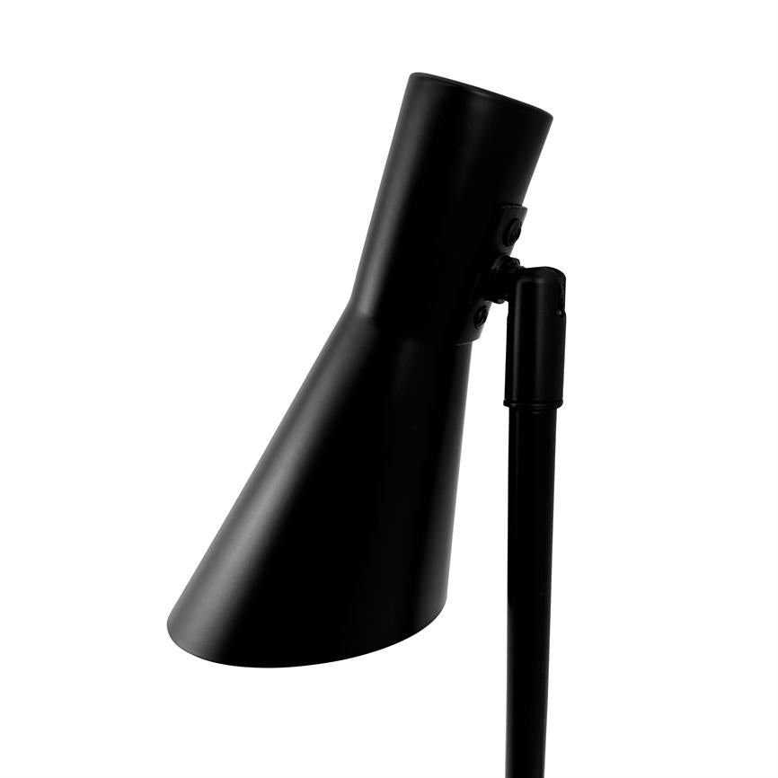 Black metal lamp head points downwards via an adjustable joint and is mounted on a thin rod; close-up against a uniform white background.