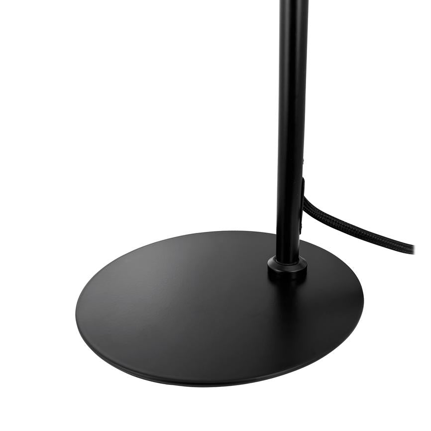 Black round lamp base supports a vertical metal rod; braided wire leads out to right, shown in close-up against white background.