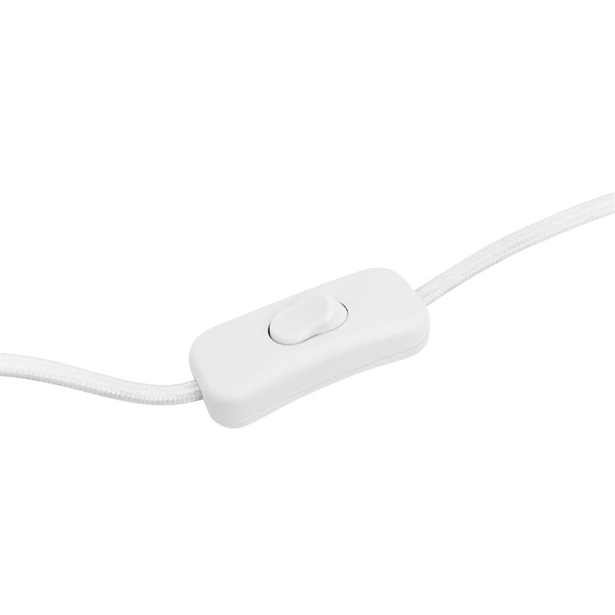 A white inline switch is mounted on a braided white wire and is displayed against a uniform light background.
