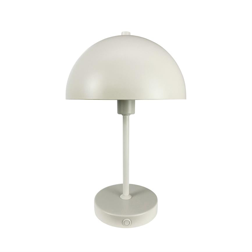 Table lamp with hemispherical shade; stands mounted on a slender pole above a round foot, matt light gray finish, centrally placed against a pure white background.