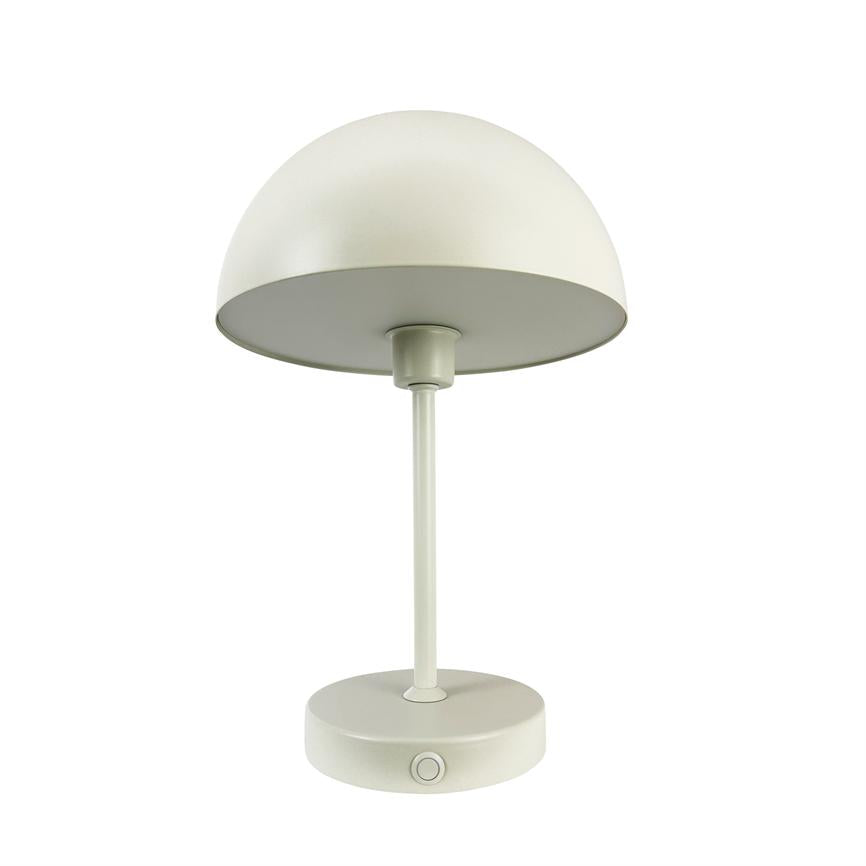 White table lamp with a hemispherical shade, stands on a slim rod and round base; on/off button in front, placed against white background.