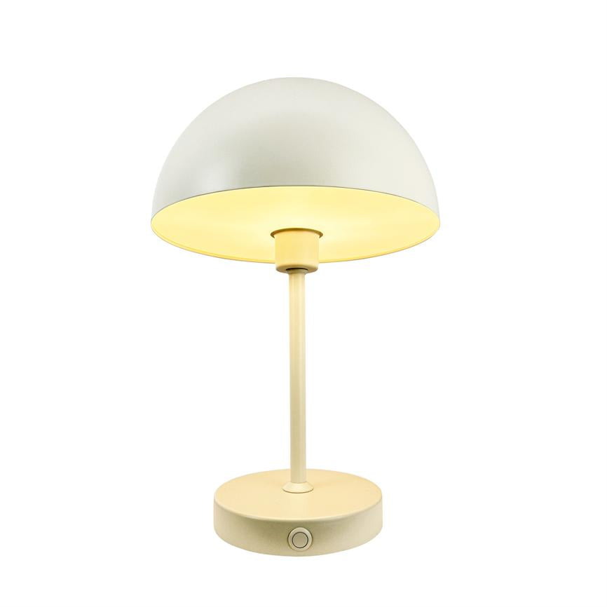 Table lamp with round, domed shade, which emits warm, yellow light; it stands on a slender pole and round foot against a uniform white background.