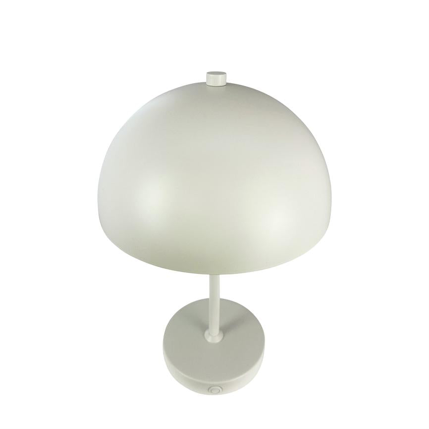 Table lamp with mushroom-shaped dome and matt white surface, mounted on thin rod and round base with small switch; stands isolated on white background.