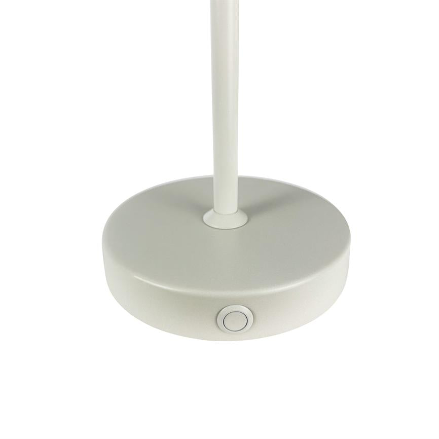 Round lamp base with a vertical rod, showing a small circular push button on the side; matt white surface placed against a uniform white background.