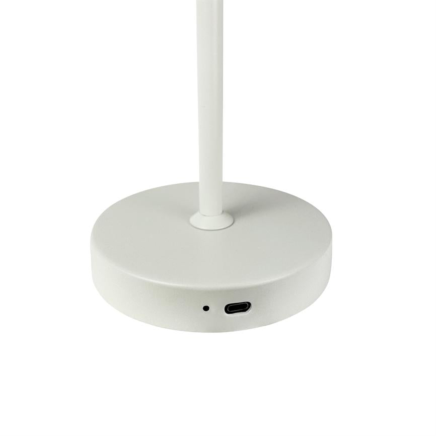 A white, round lamp base holds a thin rod, with a USB‑C port and a small indicator hole at the edge, set against a uniform white background.