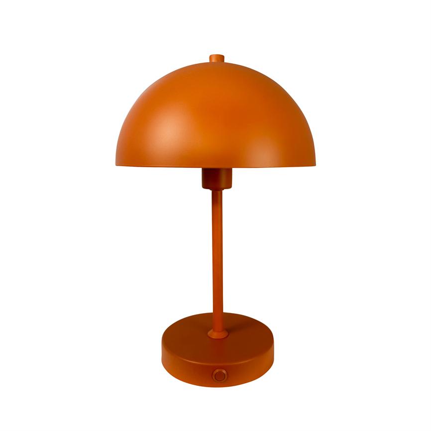 Orange table lamp stands still; hemispherical shade above slender central bar and round base with visible power button, set against uniform white background.