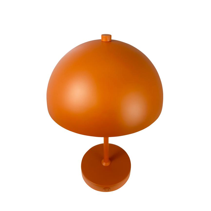 Orange table lamp with round, dome-shaped shade; it stands on a slim pole and round foot, the screen covers the light source, with a small button at the top, placed on a white background.