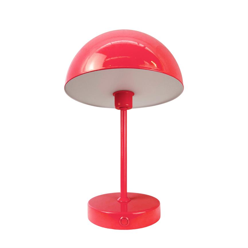 Red dome lamp stands on a thin shaft and a round foot; semicircular screen points downwards; glossy varnish reflects light; neutral white background.