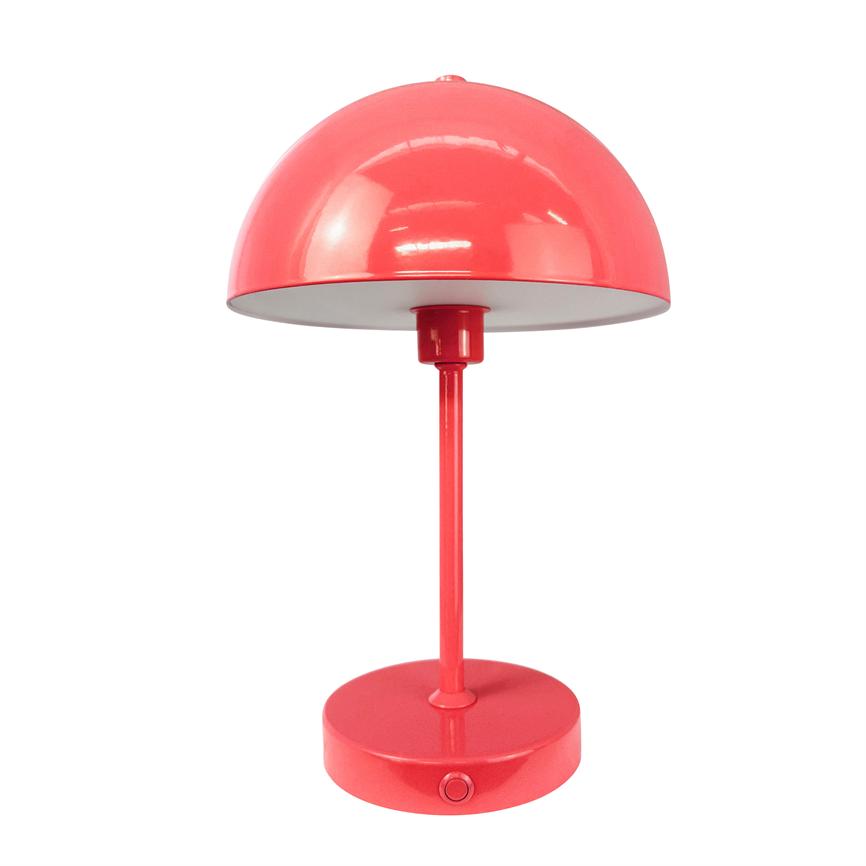 A red table lamp stands on a round base with slender rod and hemispherical shade; simple, modern style on white background, with visible on/off button on the front.