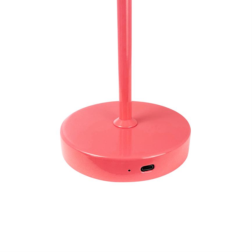 Pink lamp base carries a slender rod; the side shows a USB-C port and a small indicator hole; stands on a uniform white background.