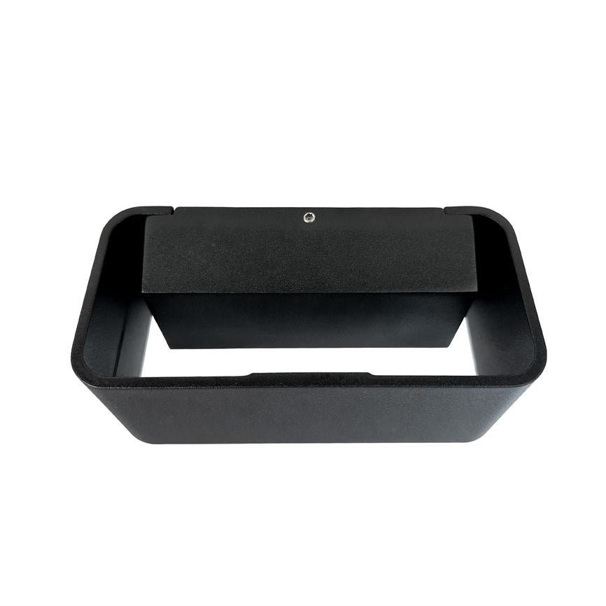 Rectangular black metal wall fixture features an open bottom box and a top cover plate with single screw; the product is seen isolated against a white background.