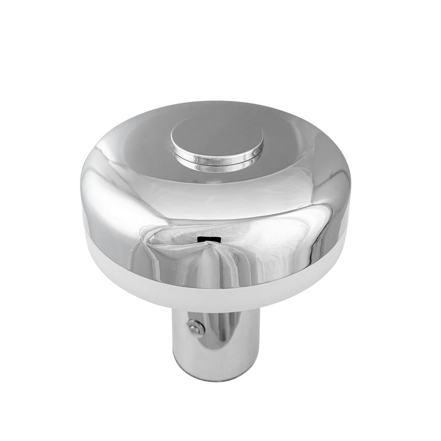 Round, shiny, chrome-plated metal object stands on a short cylindrical shaft and reflects the surroundings in its polished surface against a uniform white background.