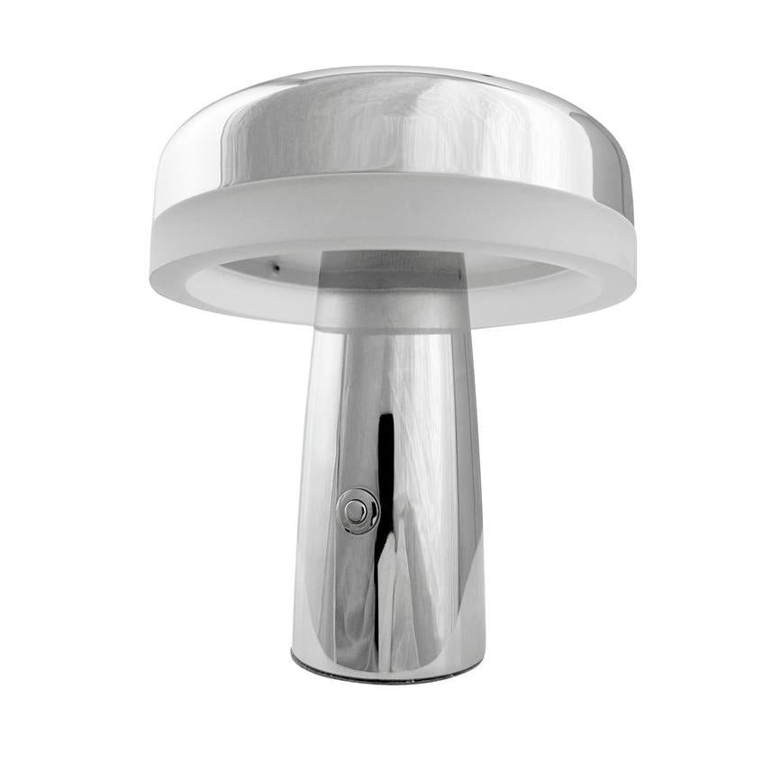 Mushroom-shaped table lamp in shiny chrome is switched off; white ring-shaped diffuser below the screen and cylindrical metal base with small push button, set against a uniform white background.