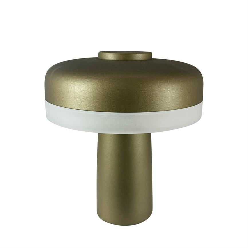 Table lamp in matt gold with round, hat-like shade and white diffuser, stands upright against a neutral white background.