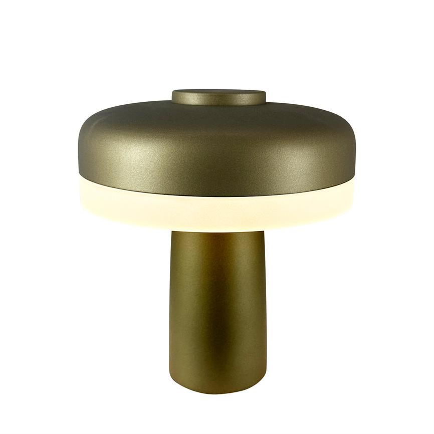 Table lamp emits soft, warm light; a cylindrical foot supports a wide, round lamp head with a luminous ring. Minimalist matte olive green finish on a neutral white background.