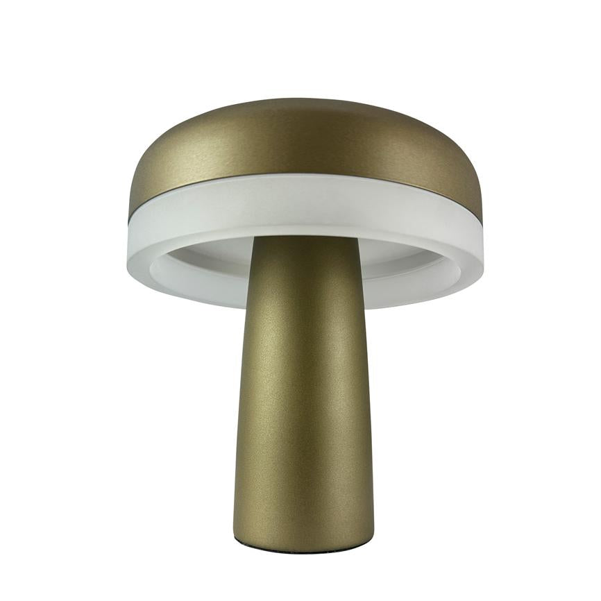 Table lamp stands on white background; gold metal cylinder base with round top and white opal diffuser ring under the shade, minimalist and modern design.