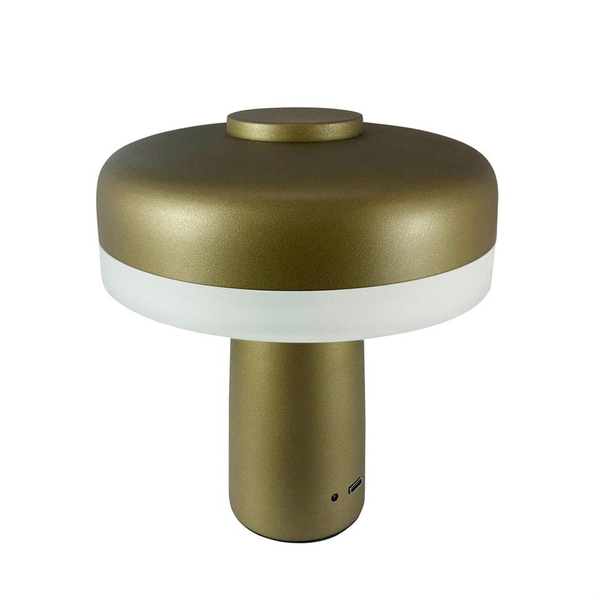 Table lamp shaped like a mushroom, shows white light ring between gold colored top and base, stands on white background; small USB-C port at the bottom.