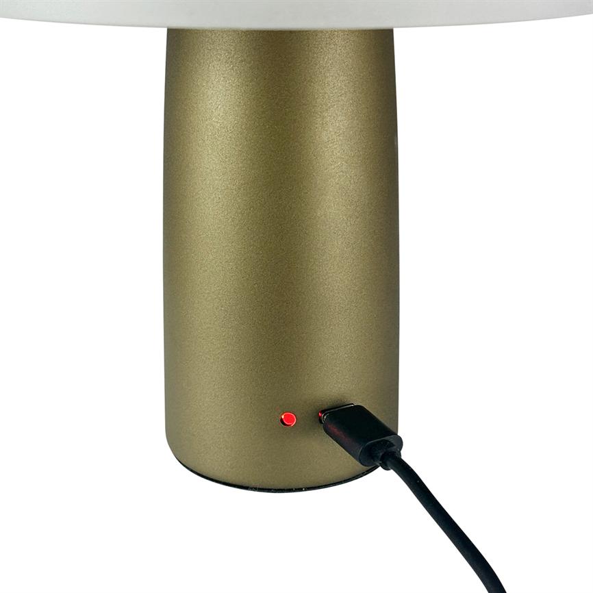 A cylindrical gold colored lamp base has a USB-C cable connected and a lit red LED, standing against a neutral white background.