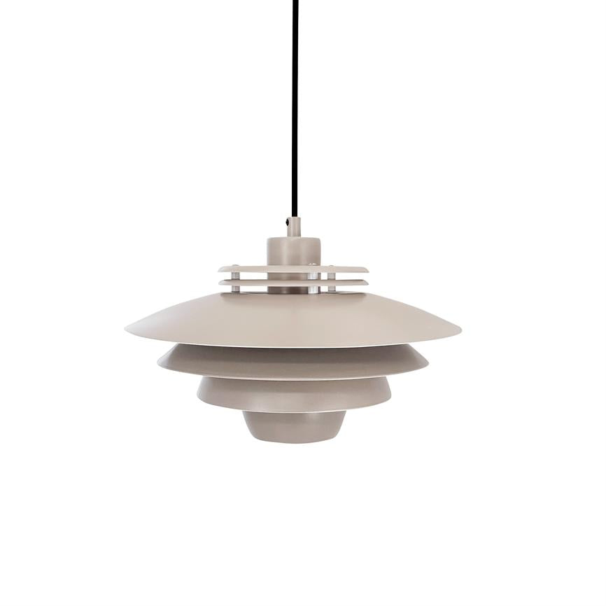 Pendant lamp hangs from black cord; several flat, circular metal plates in a staggered fall form a layered screen, matte beige-silver finish, on a uniform white background.
