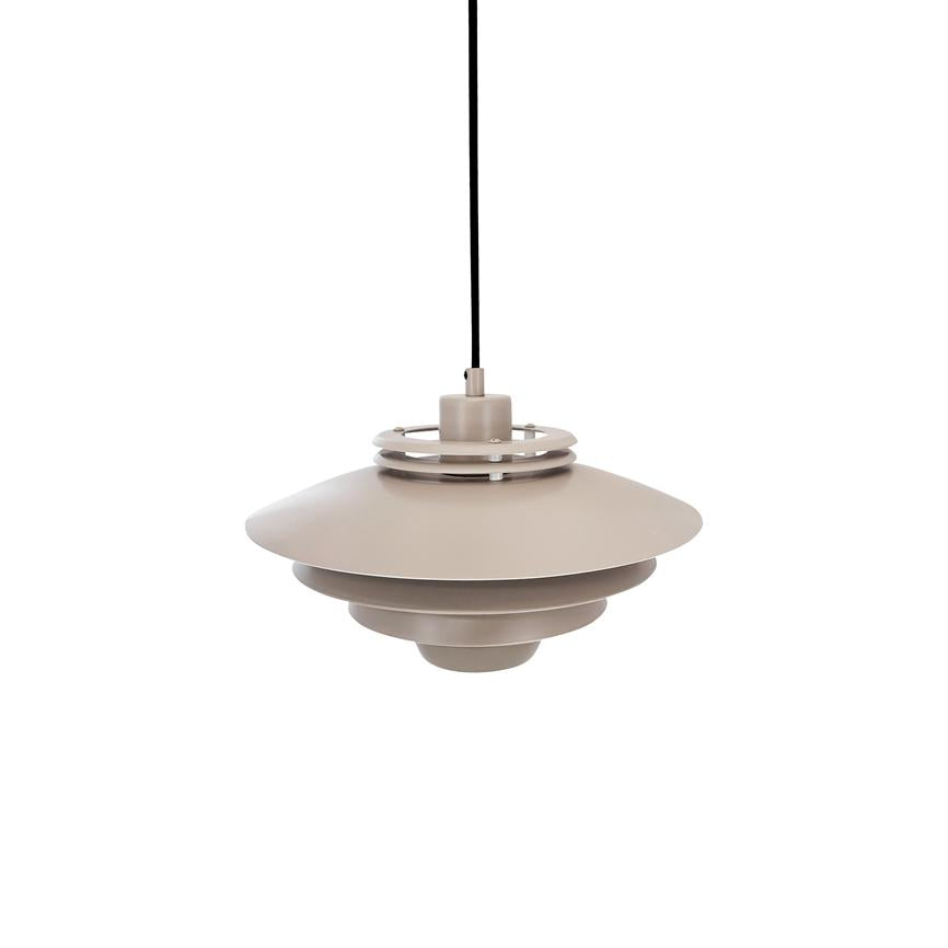 A suspended pendantlamp hangs from a black cord, with several layered circular metal shades in beige, modern retro design, floating freely in front of a uniform white background.