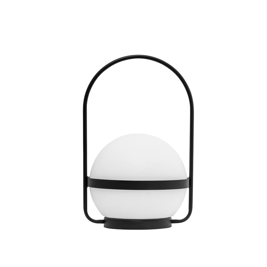 Lamp: white opal ball resting in a circular black metal frame with supporting handle, positioned centrally against a uniform white background.