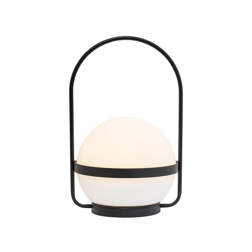 A spherical portable lamp that emits soft, warm light, framed by a black metal bracket and placed on a neutral white background.