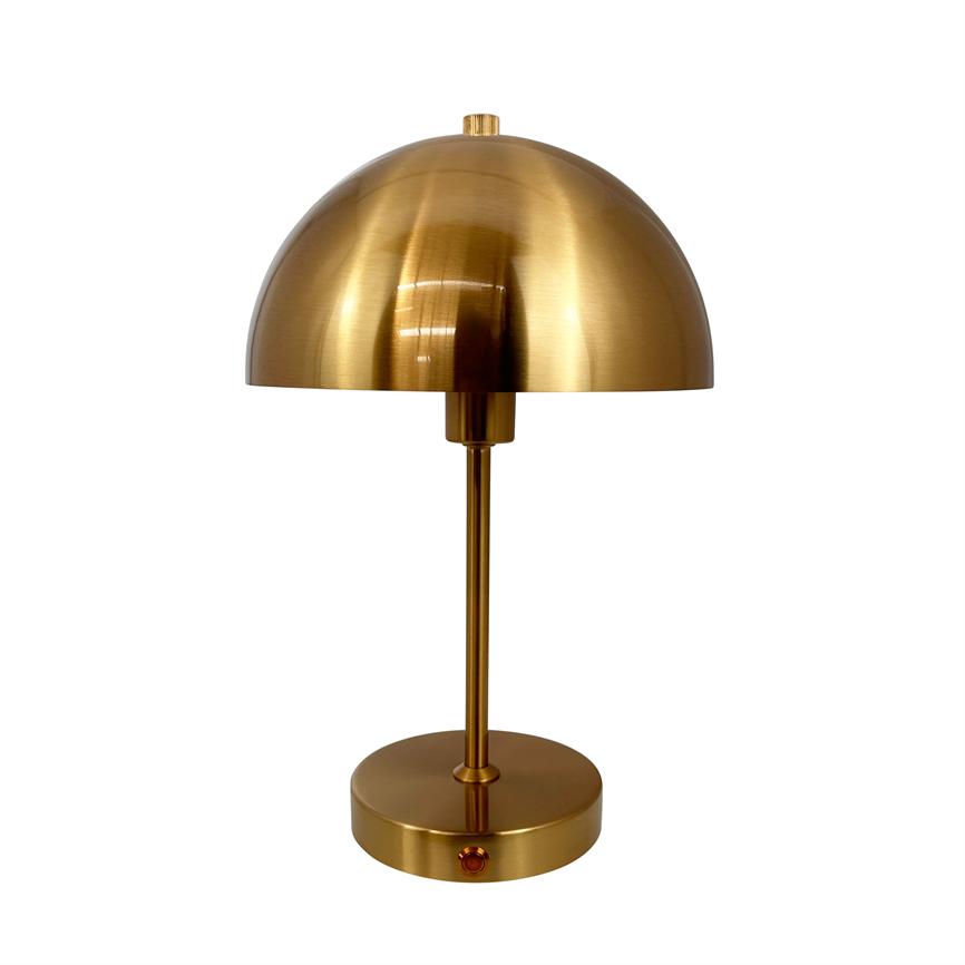 Table lamp in brushed brass with hemispherical shade, mounted on a slim rod and round base; standing still against a neutral white background.
