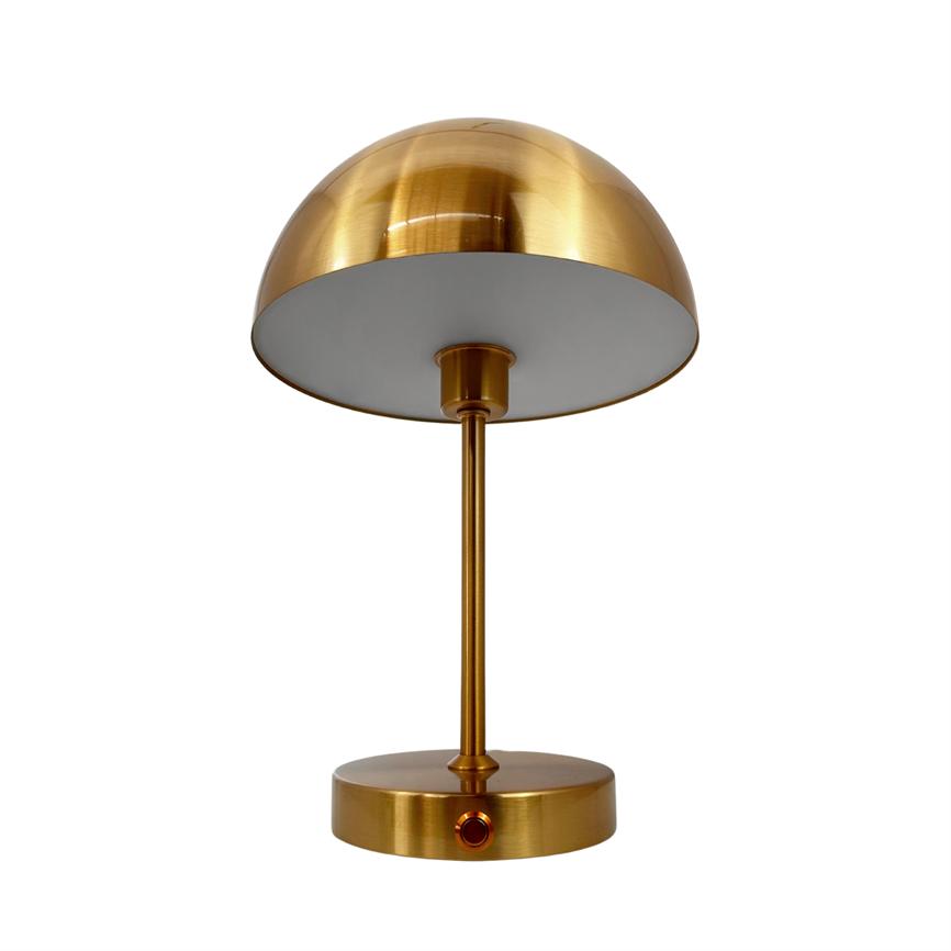 Gold-coloured table lamp with hemispherical shade, stands upright on a slim rod and round base; the screen is white inside, the lamp appears on a uniform white background.