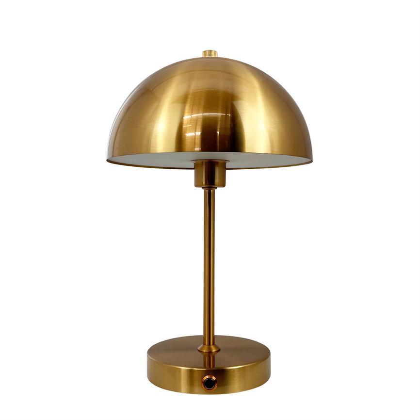 Gold table lamp with hemispherical shade stands centered on white background; slim rod connects screen and round base with a small black power button, modern minimalist design.