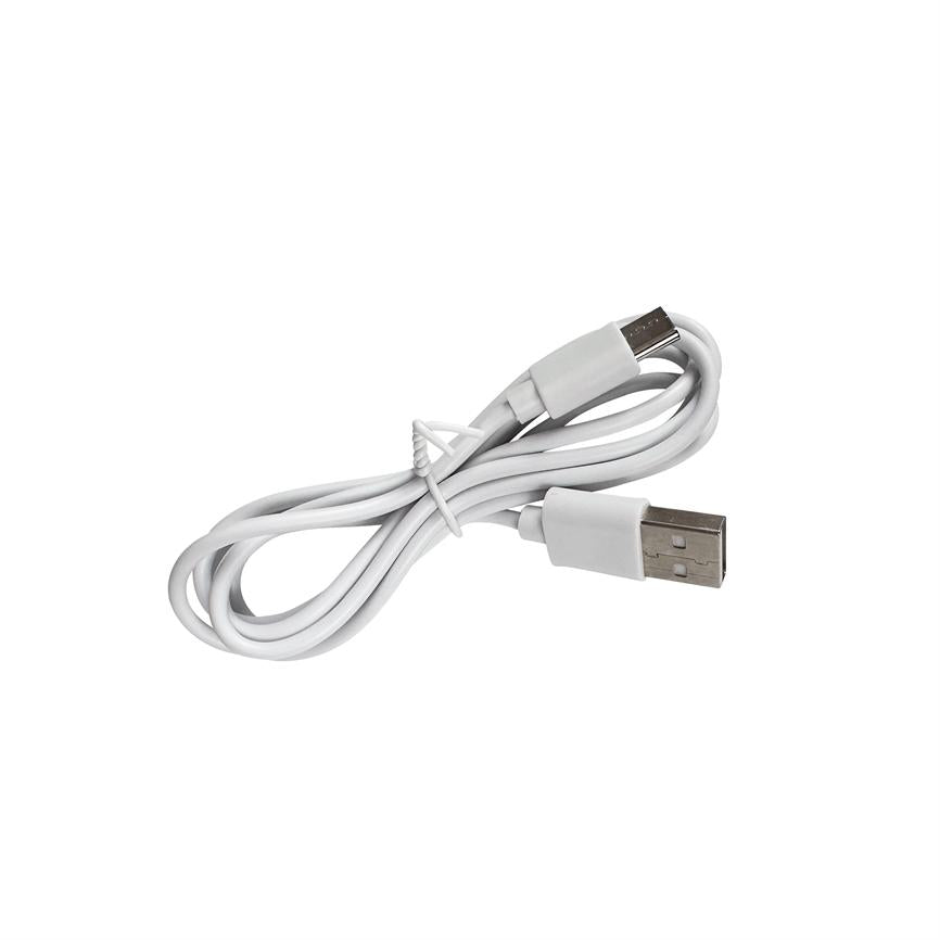 White USB cable (USB-A to micro-USB) is rolled up and tied with a small strip on a plain white background.