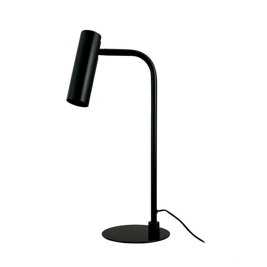 A black table lamp with a slender, curved rod and downward-pointing cylindrical lamp head stands on a round base against a uniform white background; power cable is visible.
