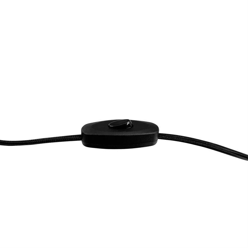 A black oval rocker switch (with a small rounded rocker); sits mounted in the center of a black braided cord; isolated against a uniform white background, closely cropped.