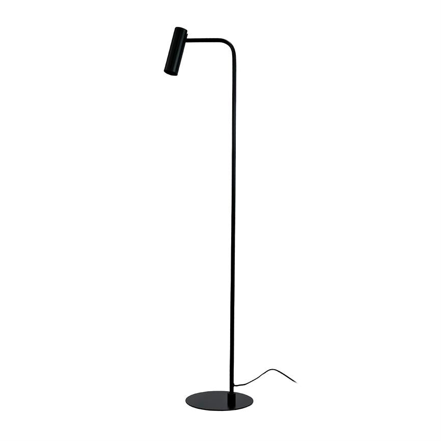 Floor lamp with slim black rod and cylindrical lamp head facing downwards; stands on round base with cord visible on white background.
