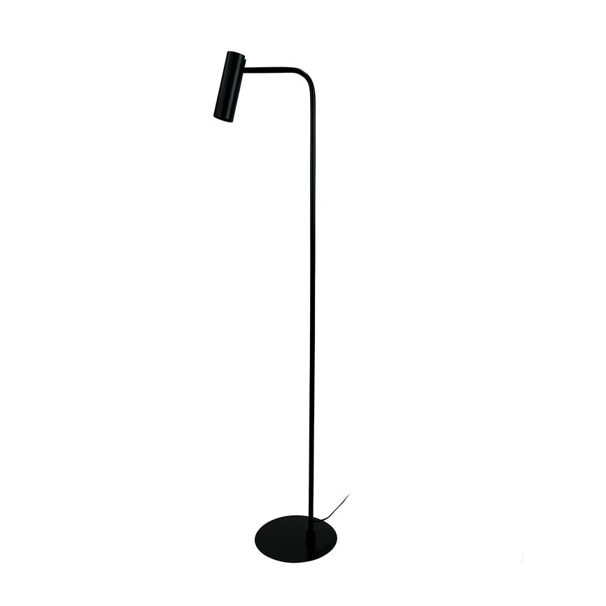 Floor lamp with slim black rod, curved arm and cylindrical lamp head, pointing downwards; round base and visible cord on a white background.
