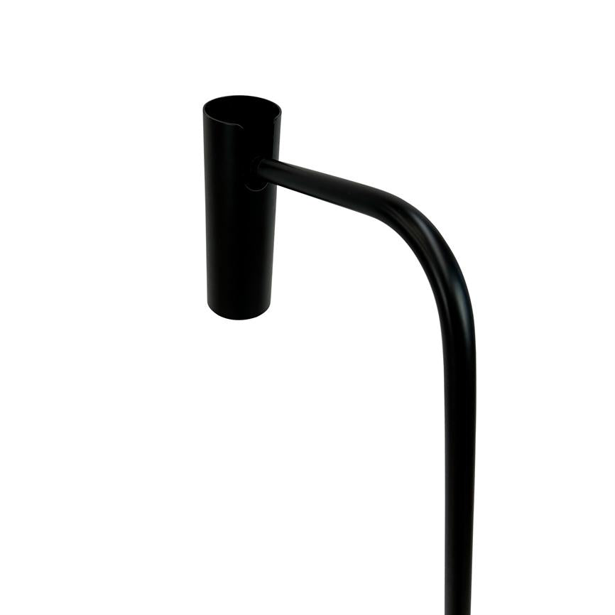 Black, slim reading lamp with cylindrical lamp head; it extends a curved arm downwards, with matte black surface against a uniform white background.
