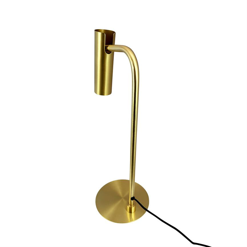 Gold-coloured table lamp with curved rod, holding a downward-facing cylindrical lamp head; round foot on white background, black cord running from base.
