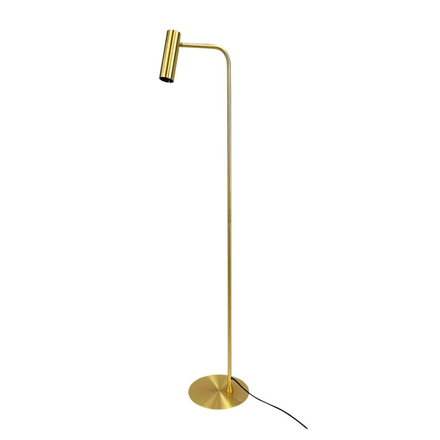Floor lamp in brushed gold stands; slender stand curves at the top and holds a small cylindrical lamp, placed on a round base on a white background with visible black cord.