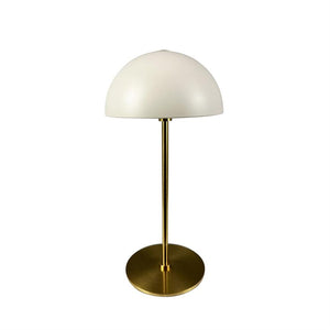 Table lamp stands on a round brass base; a slender brass stand supports a half-domed white screen, photographed against a uniform white background.