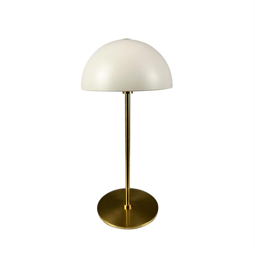 Table lamp stands on a round brass base; a slender brass stand supports a half-domed white screen, photographed against a uniform white background.